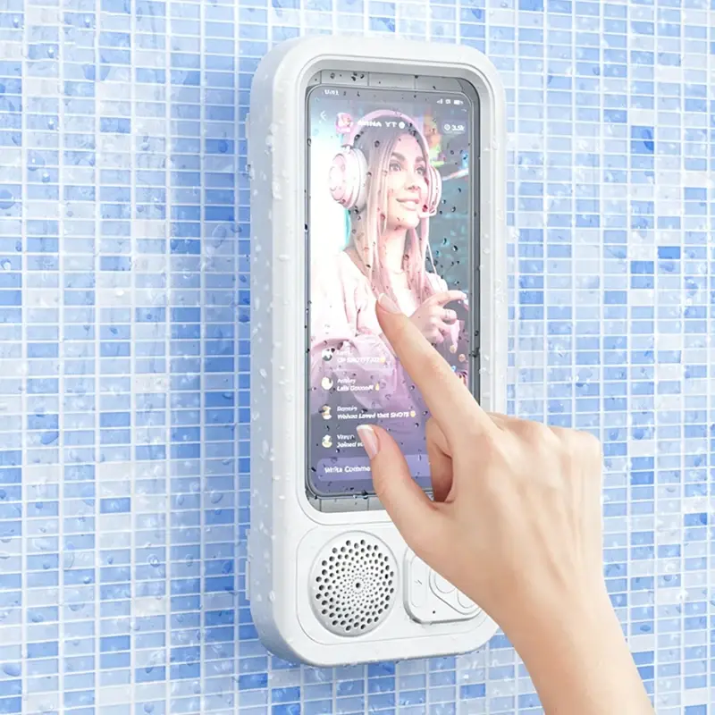 Suporte de Telefone para Chuveiro com Caixa de Som Bluetooth, Rotação 360°, Suporte de Parede para Telefone à Prova d'Água e Antiembaçante para Telefones de 4-6.9 polegadas - 1