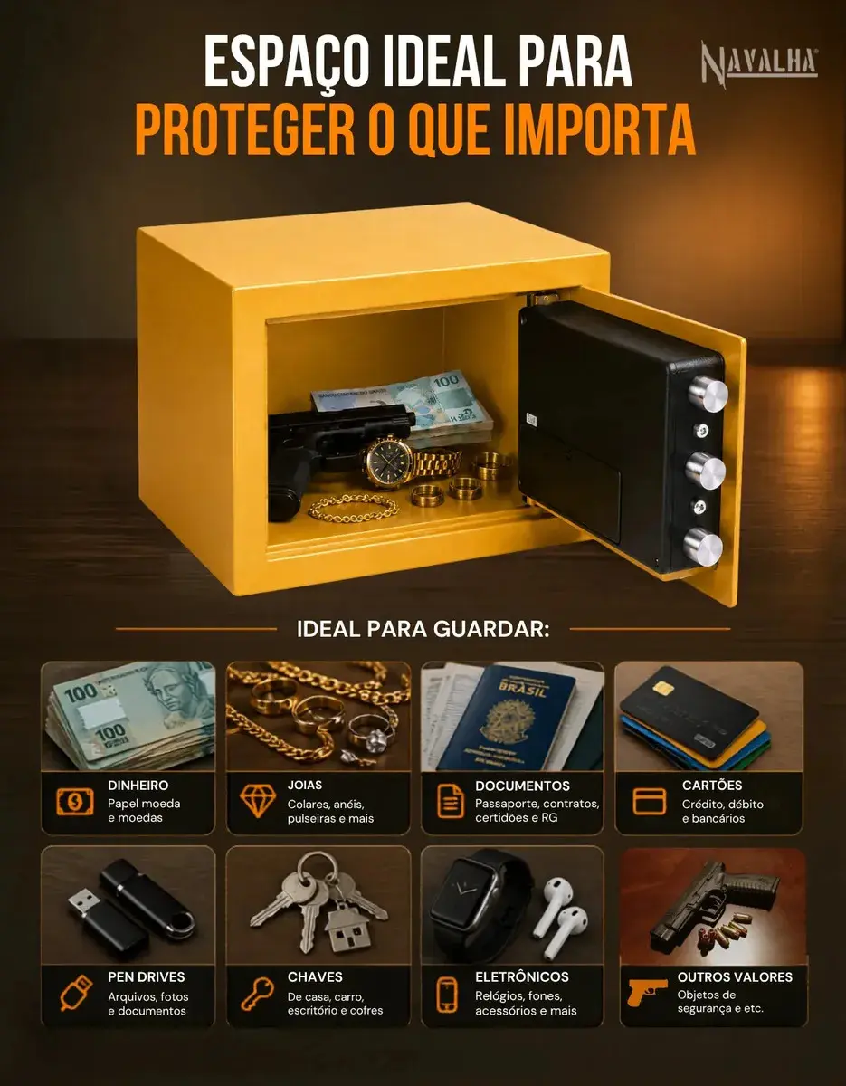 Cofre Pequeno Eletrônico Digital Navalha Senha Chave Seguro 31x20x20 - Dourado thumbnail 2