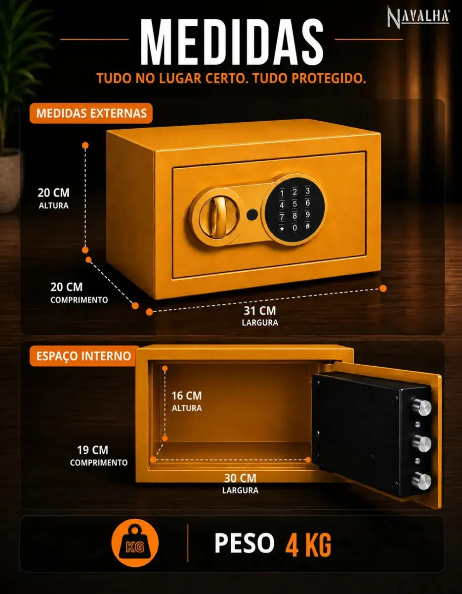 Cofre Pequeno Eletrônico Digital Navalha Senha Chave Seguro 31x20x20 - Dourado thumbnail 7