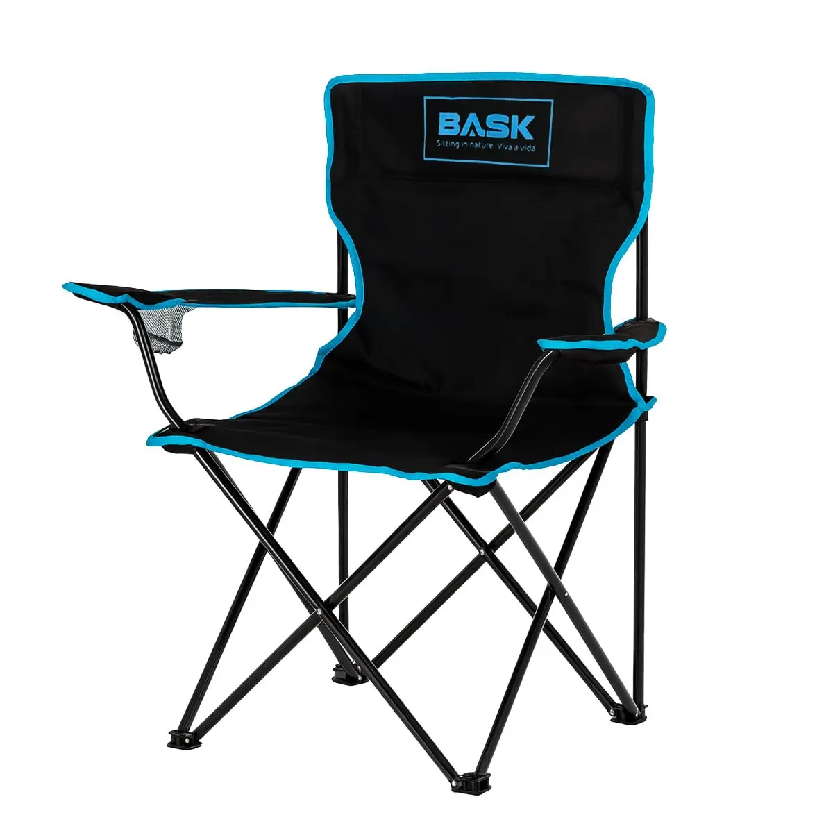BASK Cadeira Alvorada Dobrável Portátil Reforçada com Suporte 180kg | Alça de Ombro Integrada | Porta-copo | Conforto e Espaço Ampliado para Camping, Praia e Pesca (Preto)