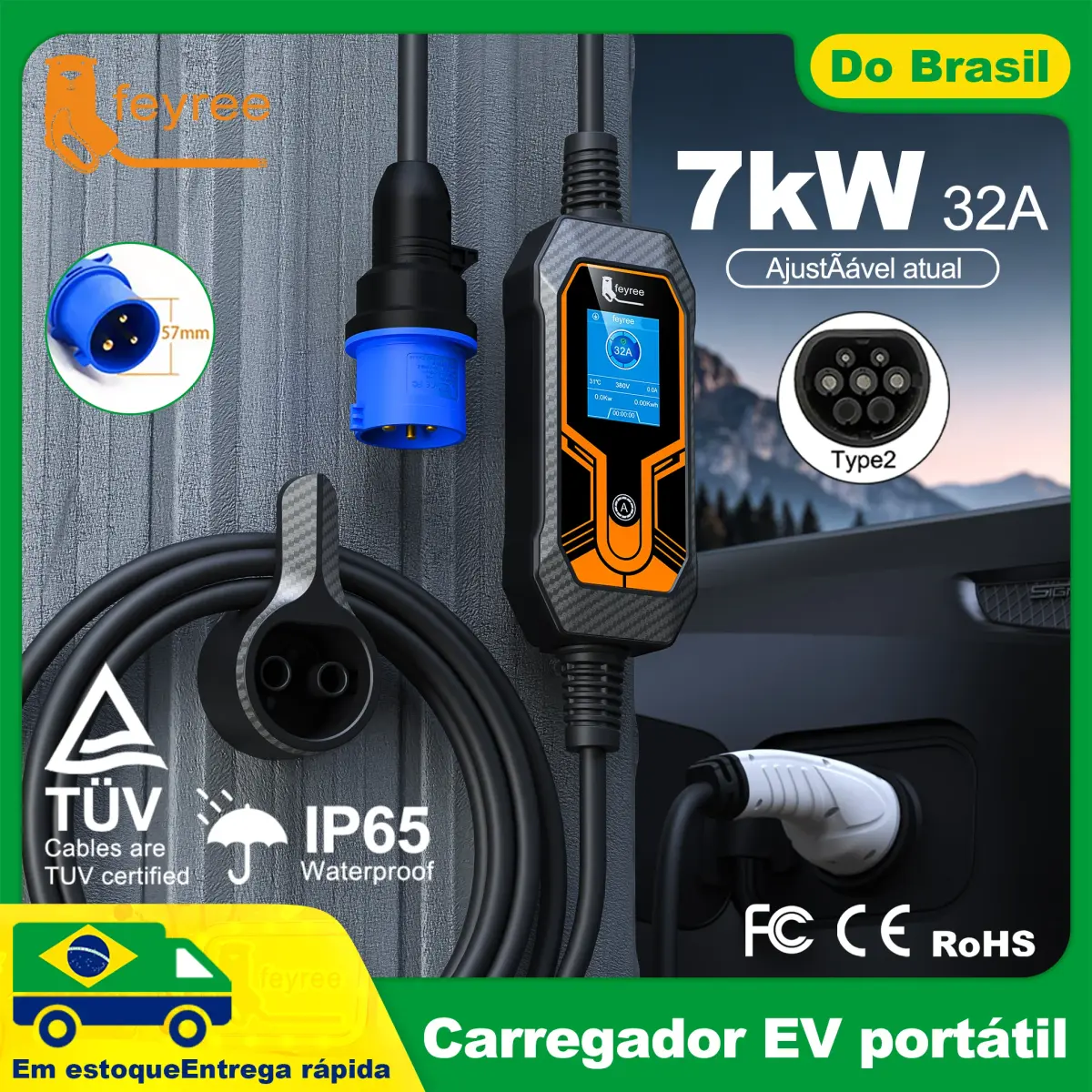 Carregador Portátil Feyree Tipo 2 para Veículos Elétricos 7kW 32A com Corrente Ajustável - Caixa de Carregamento EVSE para Carros Elétricos