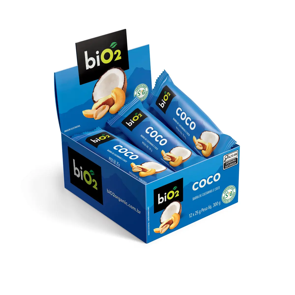 Barra de Castanhas e Frutas biO2 Nuts Coco, Caixa com 12 unidades de 25 g, Vegana e sem Glúten