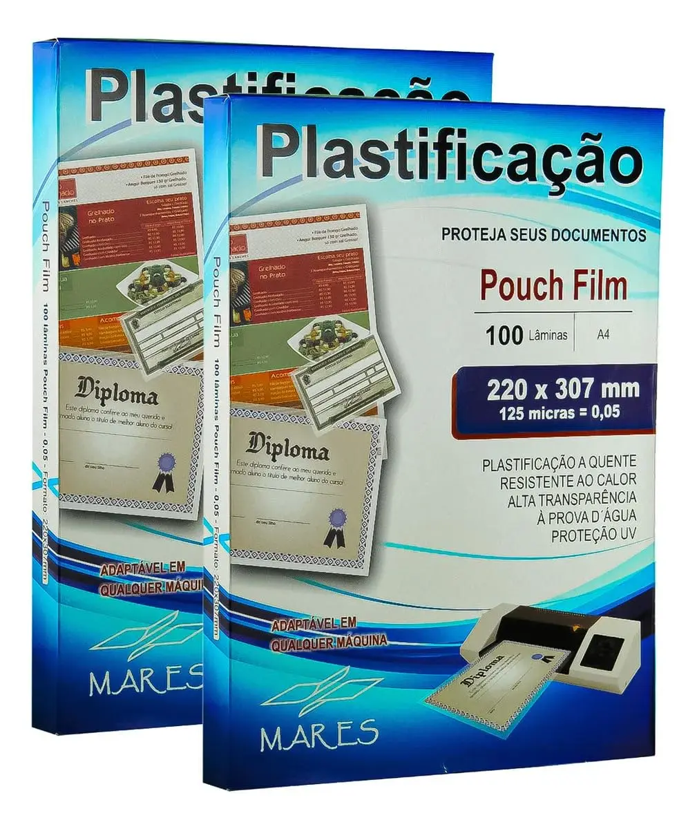 Kit 2 UNIDADES Plástico para Plastificação Pouch Film, Multicor, A4, 220x307 125 micras, Pacote de 100 Folhas Duplas Cada - 1