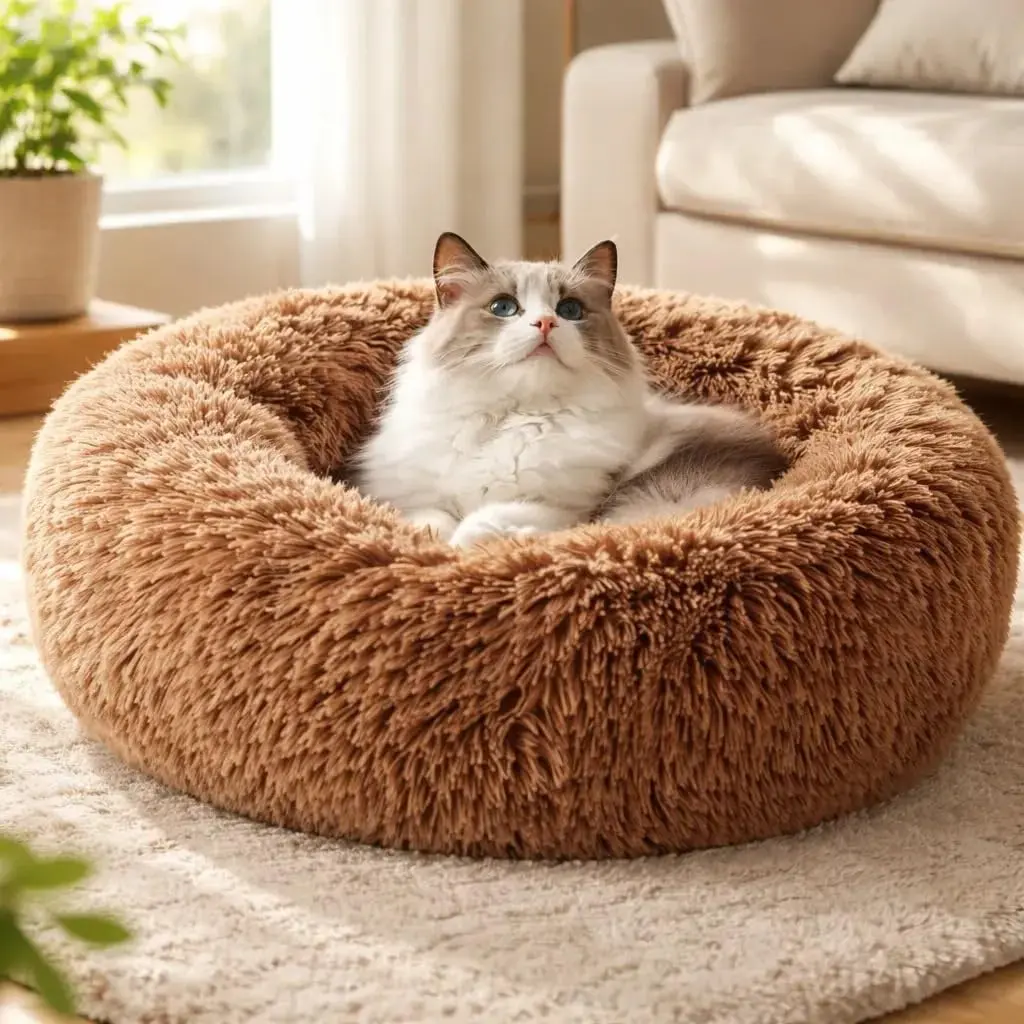 CAMA PET NUVEM PELUCIA REDONDA CAMINHA CASA DONUT FILHOTES P 40CM (TOFFEE) | MATERIAL ANTIALERGICO, PODE SER LAVADO NA MAQUINA, NÃO SOLTA PELOS - 1