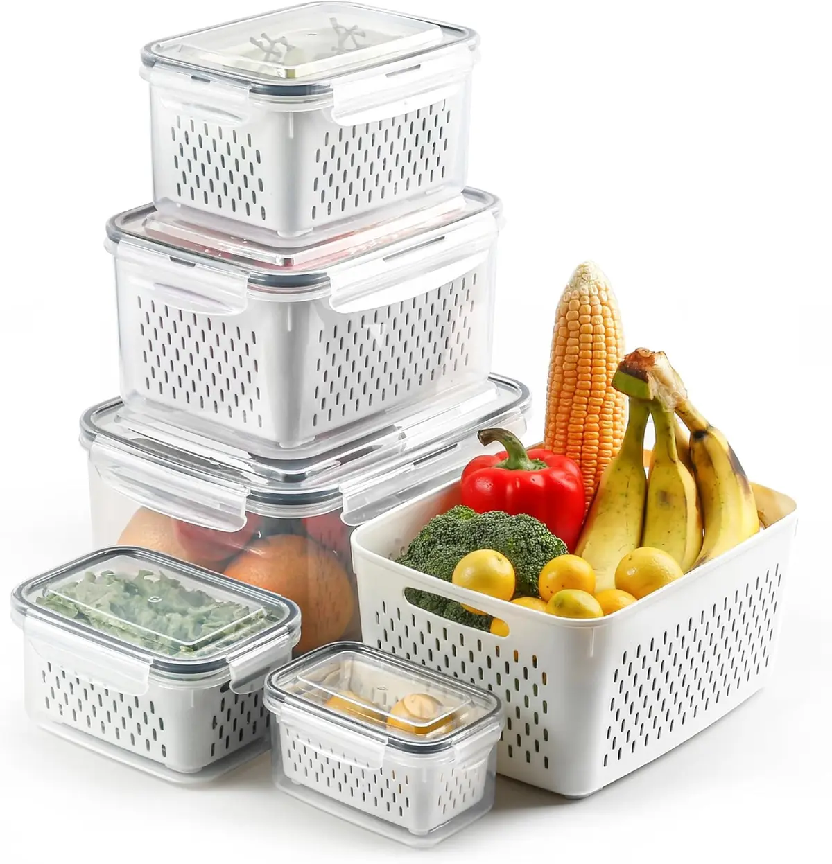 BEMMY Kit 5 Organizadores Geladeira, Cesta de drenagem, Caixa de armazenamento de Alimentos, Caixa de Armazenamento de Refrigerador de Plástico PP com Tampa, Caixa de Vedação de Alimentos