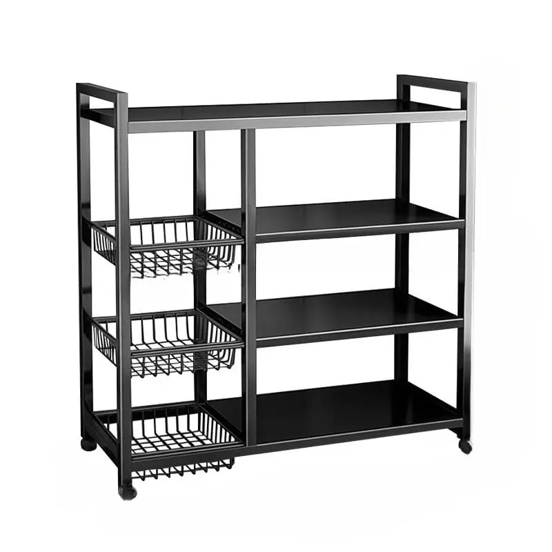 Fruteira De Chão Cozinha Estante Para Microondas Organizador Carrinho Alto Ajustável de 4 Andares + 3 Cestos(Preto 80cm)