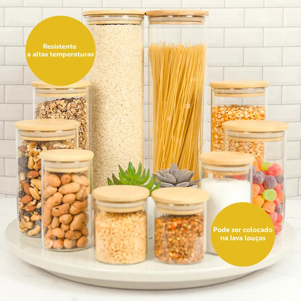 Kit 10 Potes Herméticos Vidro Tampa Bambu Seiri Para Mantimentos Cozinha thumbnail 2