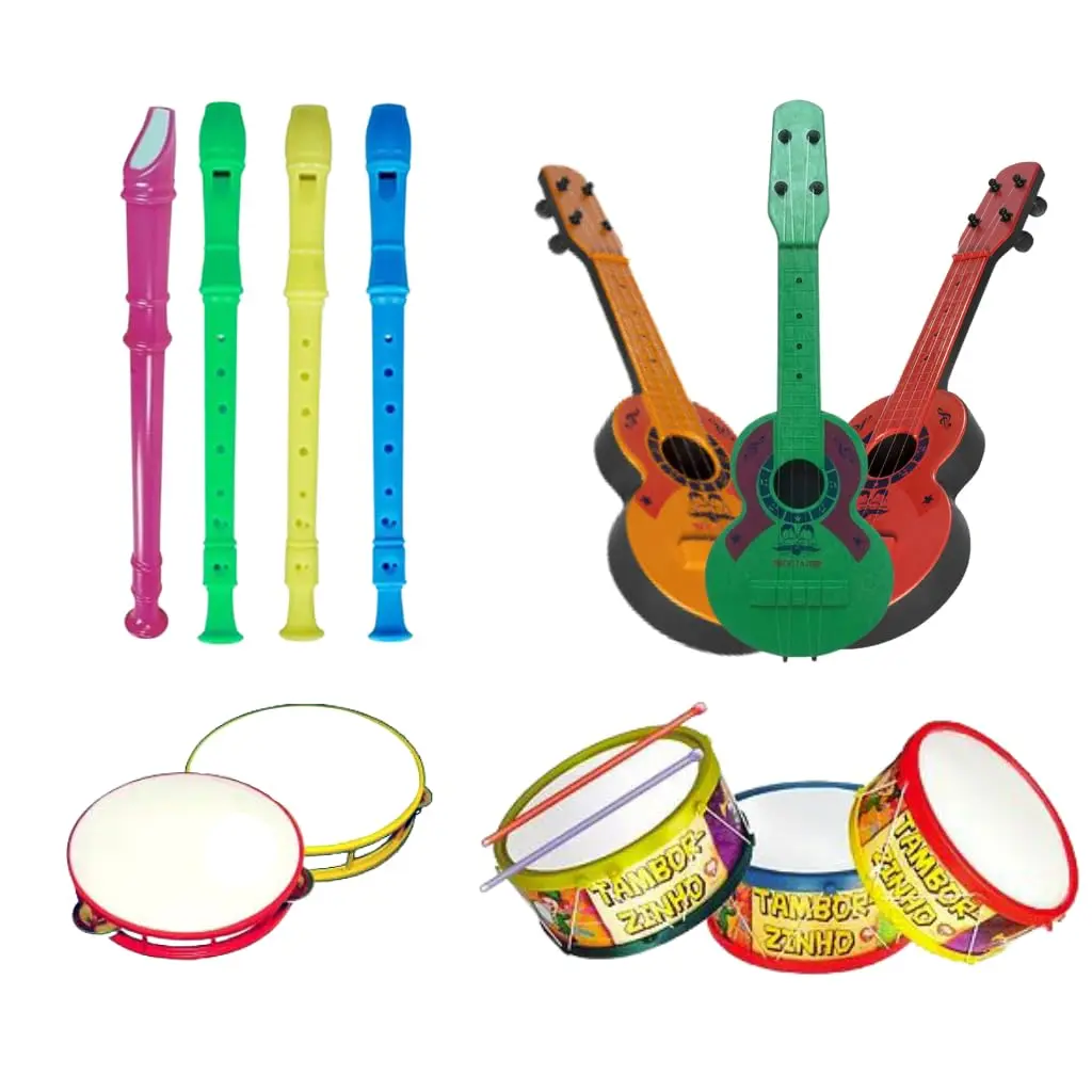Kit 4 Brinquedos Kit Musical Flauta, Pandeirinho, Tamborzinho, Violão