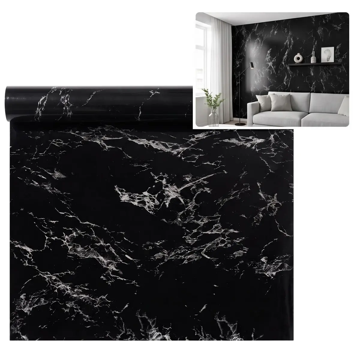 Papel de Parede Adesivo Mármore Preto Lavável 5m x 45cm Cozinha Pia Móveis | Marmorizado brilhante, autocolante em PVC vinílico, impermeável, rolo para envelopar bancada, armário e geladeira - 1