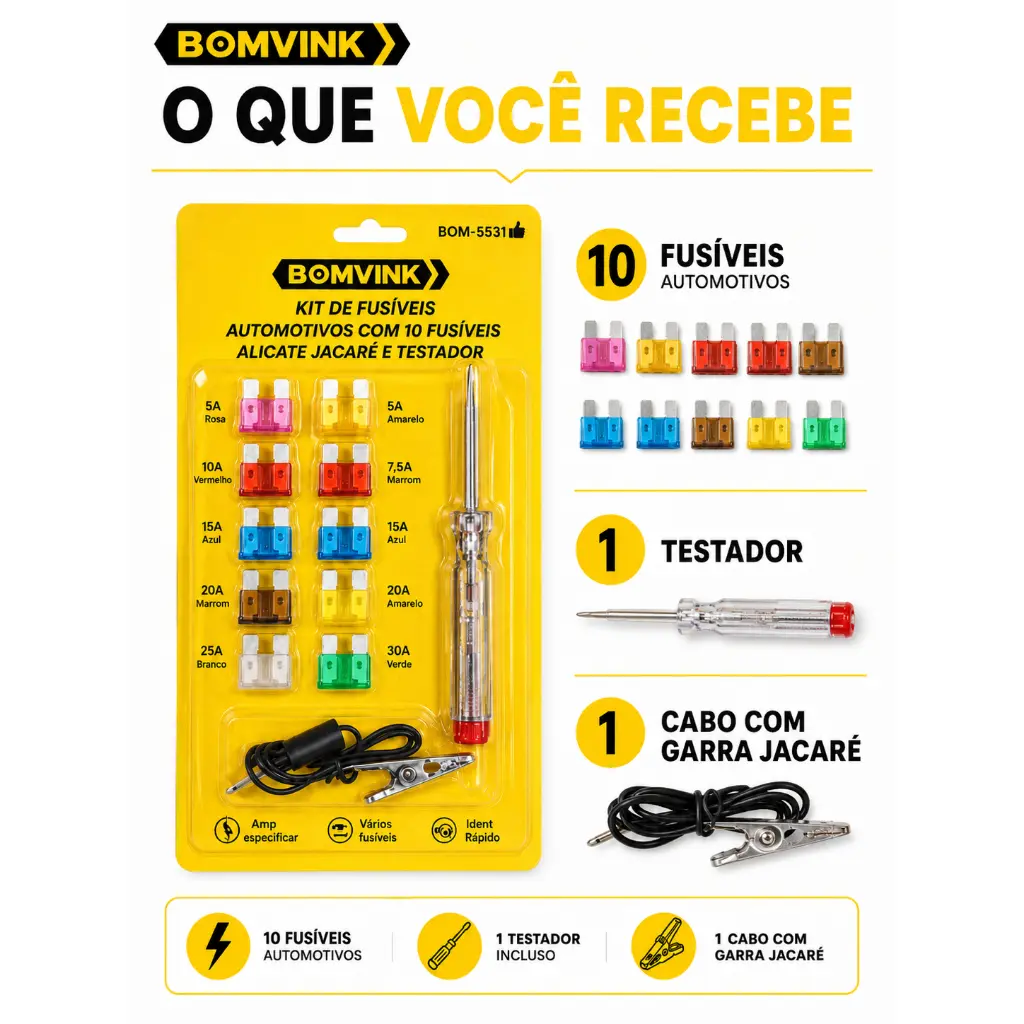 Kit Fusivel Carro Moto com Testador Identifica Queimado Extrator e Garra - 1