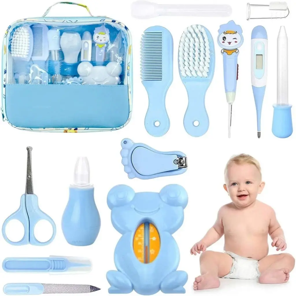 Kit de cuidados para recém-nascidos – conjunto essencial de 13 peças, incluindo cortadores de cabelo e unhas, utensílios para cuidar do bebé e artigos para o treino para o uso da sanita.