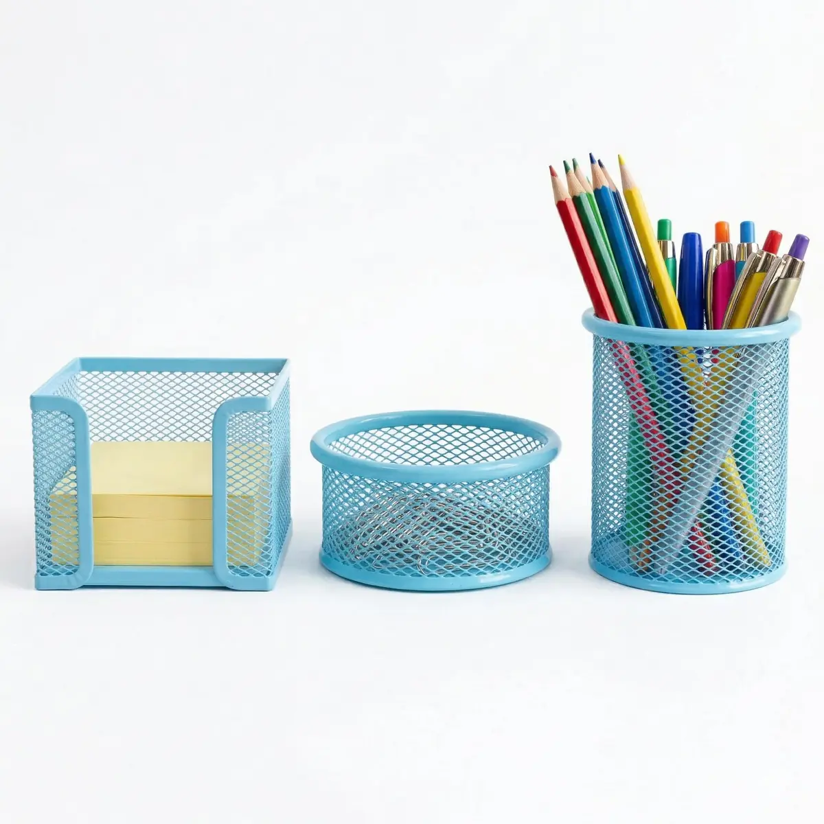 Kazoku | Kit Organizadores de Mesa em Metal Aramado Cores Pastel com Porta-Lápis Porta-Clips Porta-Lembrete 3 Peças (Azul) - 1
