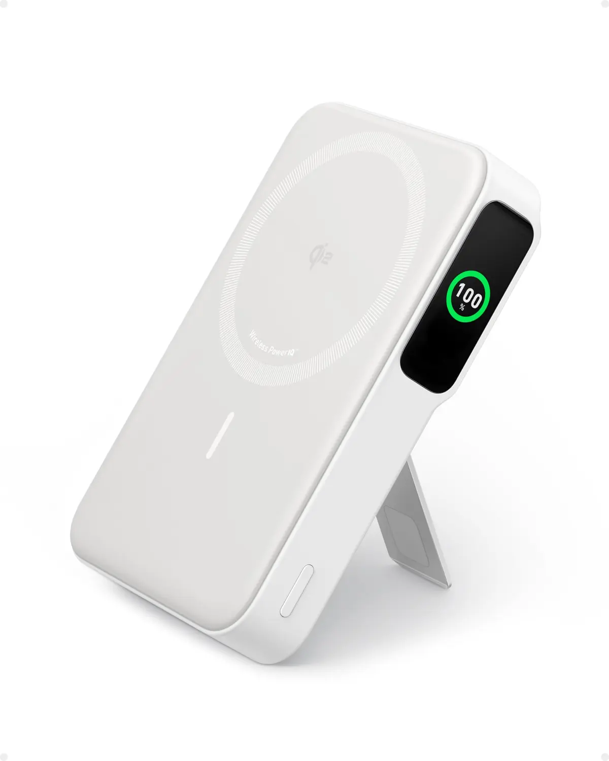 Anker MagGo Power Bank 10.000mAh, Carregador Portátil Qi2 15W, com MagSafe | Tela Inteligente e Suporte Dobrável, para iPhone 18/17/15/14/13/12, Inclui Cabo USB-C, Branco