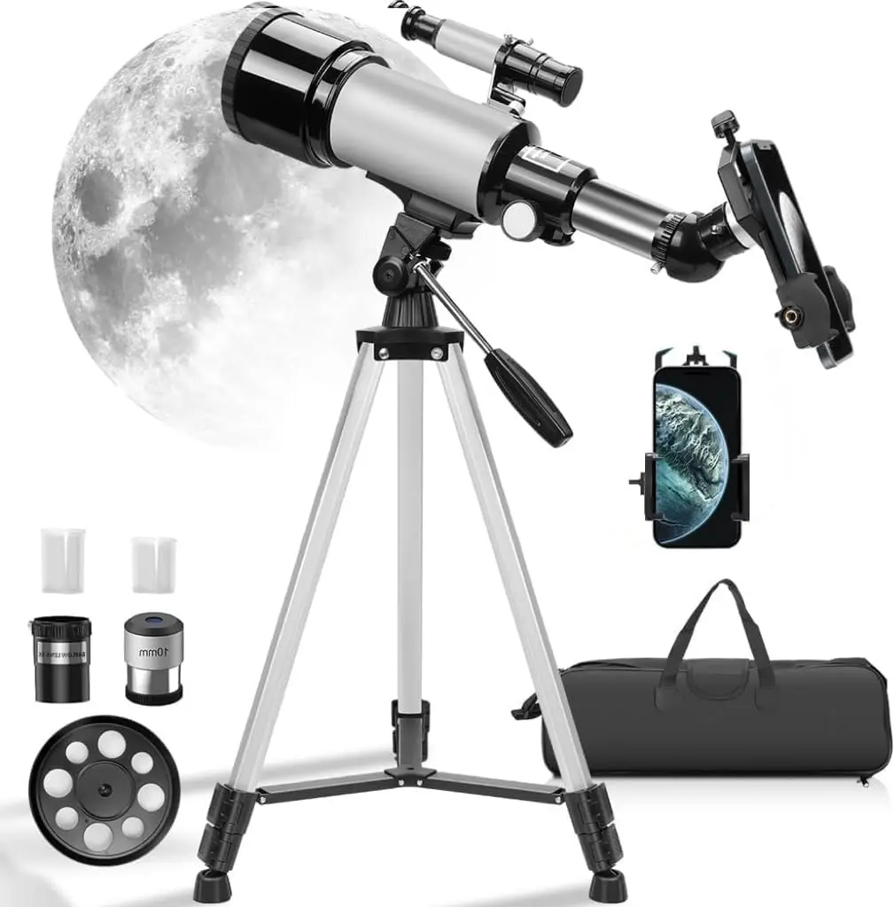 Telescópio, Telescopio Astronomico Profissional, Telescópio Refrator Portátil, Telescopio 70mm, Tripé com Altura Ajustável e Adaptador para Telemóvel