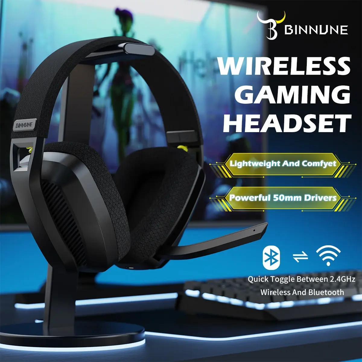 Binnune bw06 fones de ouvido bluetooth gamer com microfone para ps5 ps4 pc mac playstation sem fio 2.4ghz gaming fone de ouvido com microfone