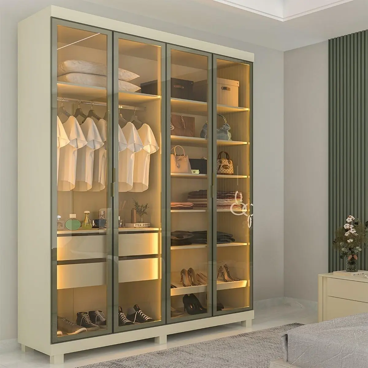 Guarda-Roupa Casal 4 Portas Reflecta com Pés LED Imperatriz 100% MDF Off White