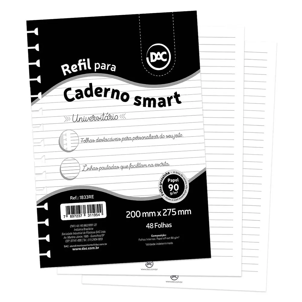 Refil Para Caderno Smart, Dac, Universitário, Branco, 48 Folhas
