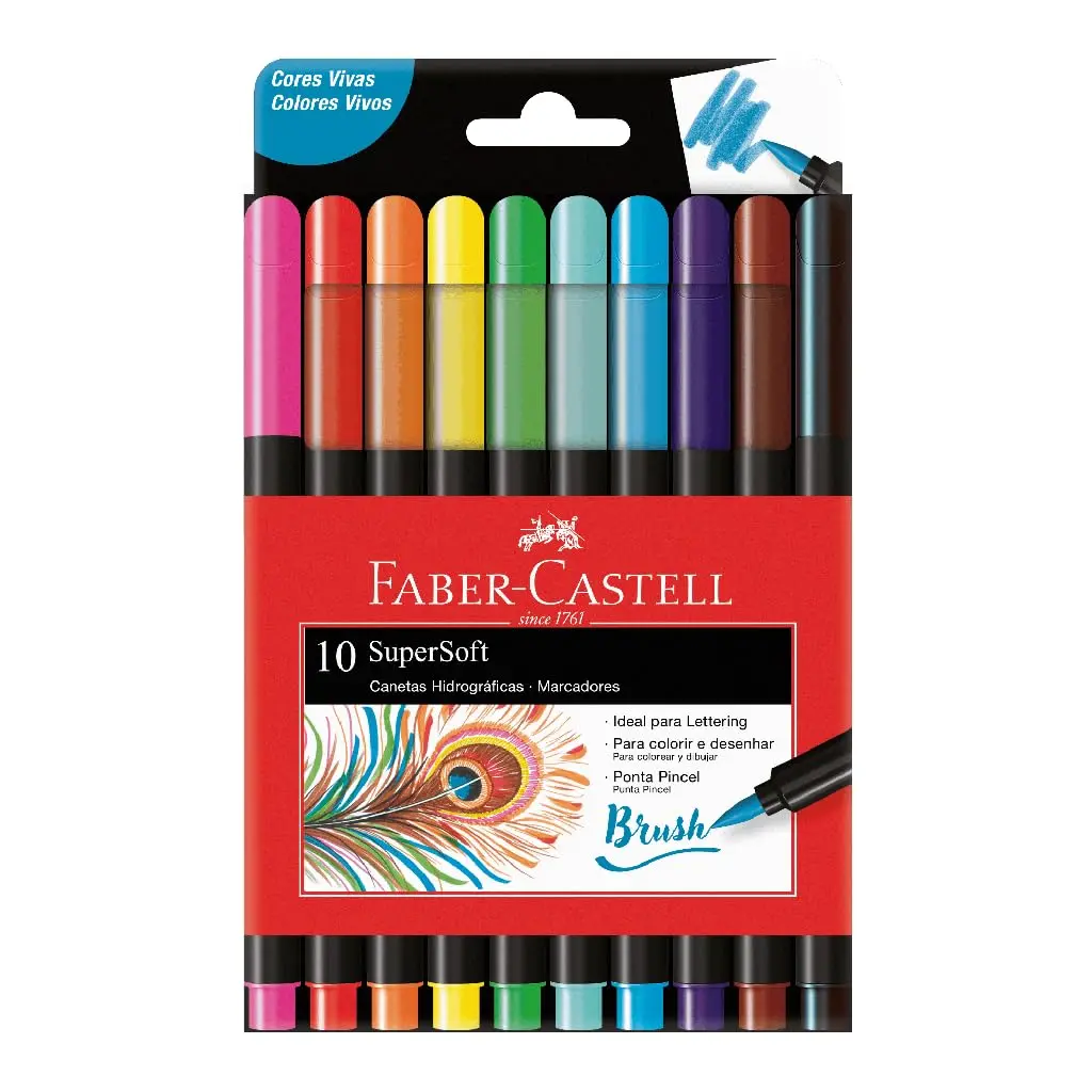 Caneta Ponta Pincel, Faber-Castell, Supersoft Brush, 15.0710SOFT, 10 Cores