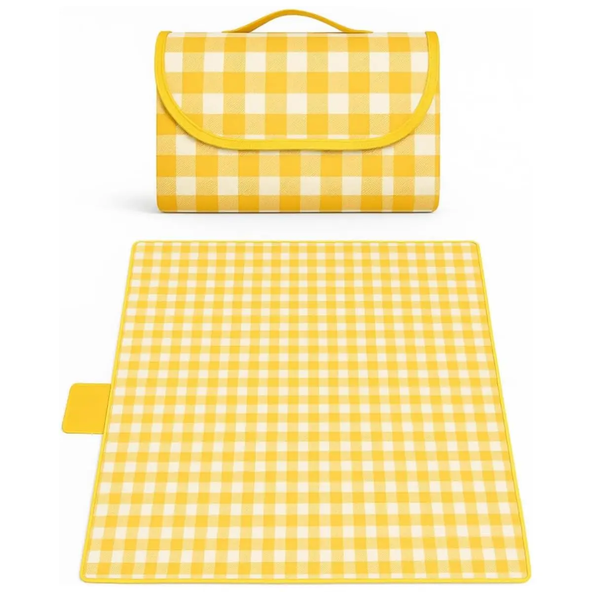 Tapete Piquenique Xadrez Impermeável Dobrável 200x200cm com Alça, Xadrez, Grande para Praia Parque Camping, Fácil de Limpar (Amarelo)
