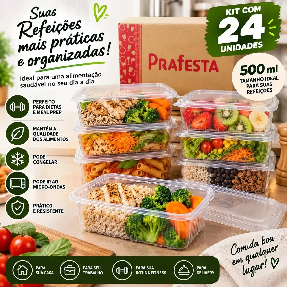 Marmita Micro-ondas Freezer 500ml Com 24 UN. Pote Fitness thumbnail 6