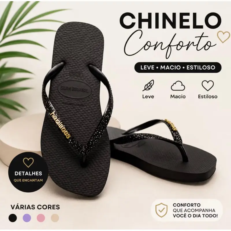 Chinelo Feminino com detalhe Glitter Leve Confortável Para o Dia a Dia Delicado