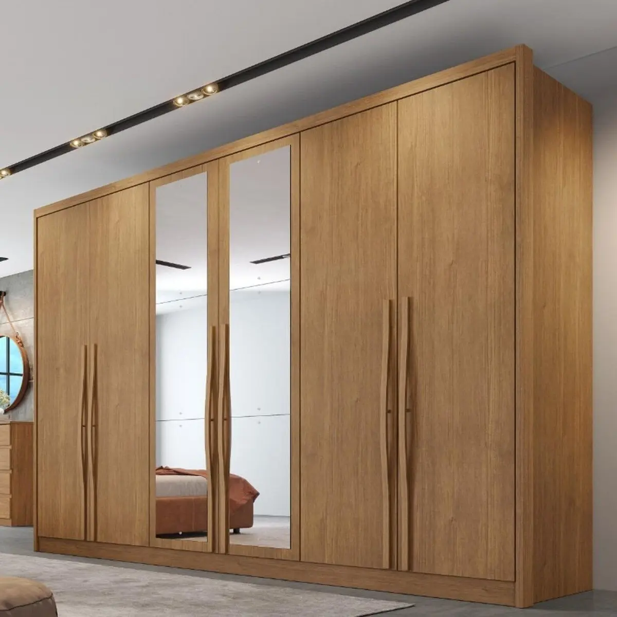 Guarda-roupa Casal em Mdf 6 Portas 6 Gavetas com Espelho Reno Cumaru