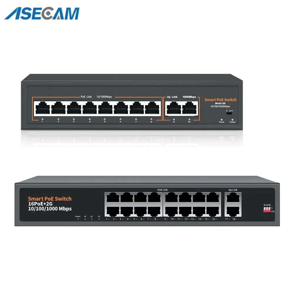 8 Ports 52V rede POE Switch com 10/1000 Mbps IEEE 802.3 af / at Over Ethernet Camera de Segurança IP Wireless AP Sistema de Câmera de Vigilância