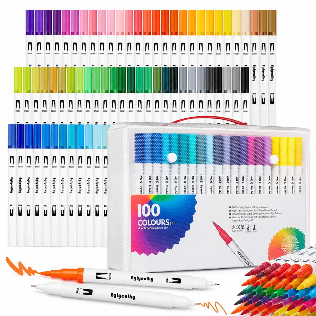 Canetas Brush Pen 100 Cores Ponta Dupla Pincel e Fina 0 4 mm Base Água | Kit 100 canetas ponta dupla pincel 1-2 mm e fina 0,4 mm tinta base água para lettering desenho colorir planner e caligrafia - 1