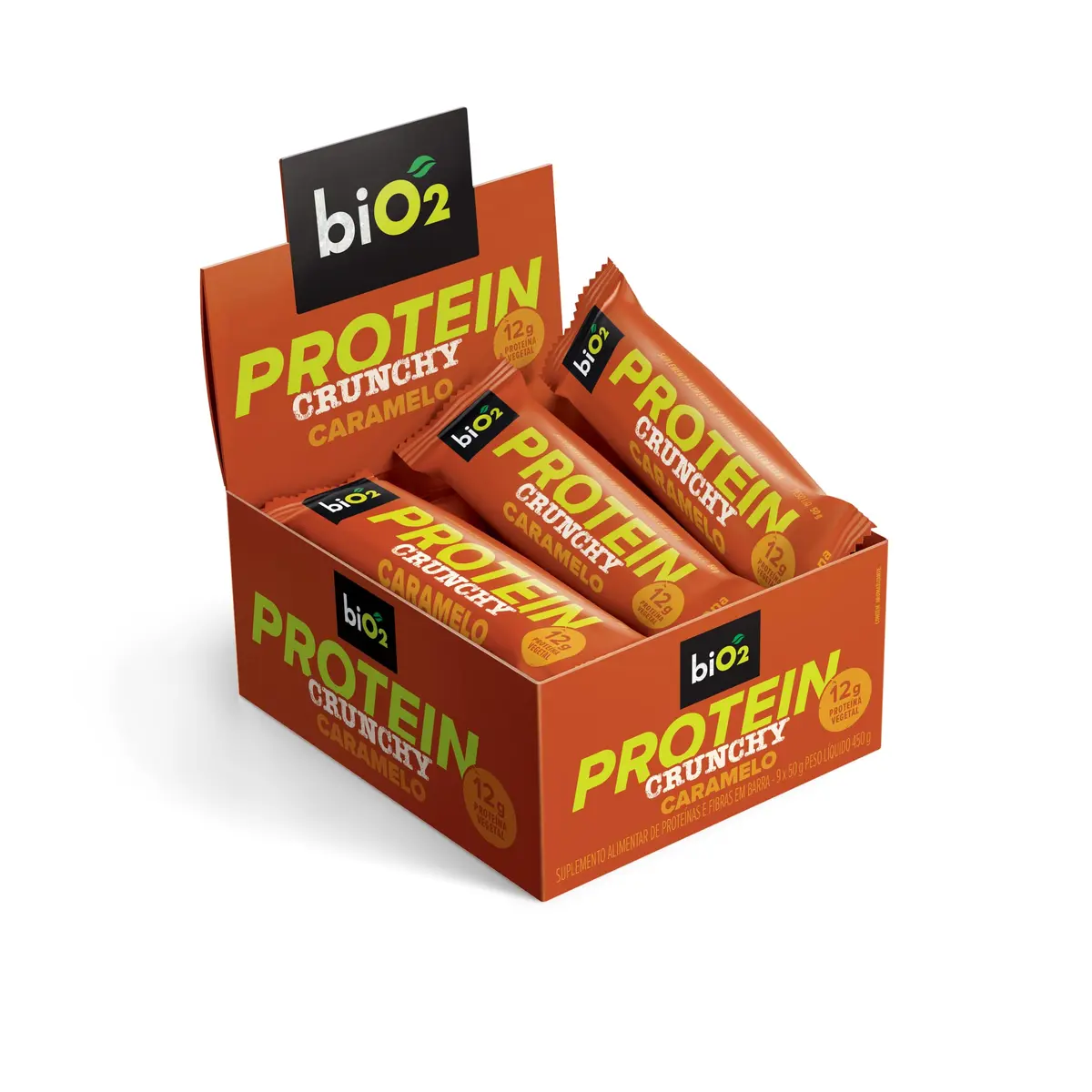 Barra de Proteína Crocante biO2 Protein Crunchy Caramelo, Caixa com 9 unidades de 50 g, Vegana e sem Glúten - 1