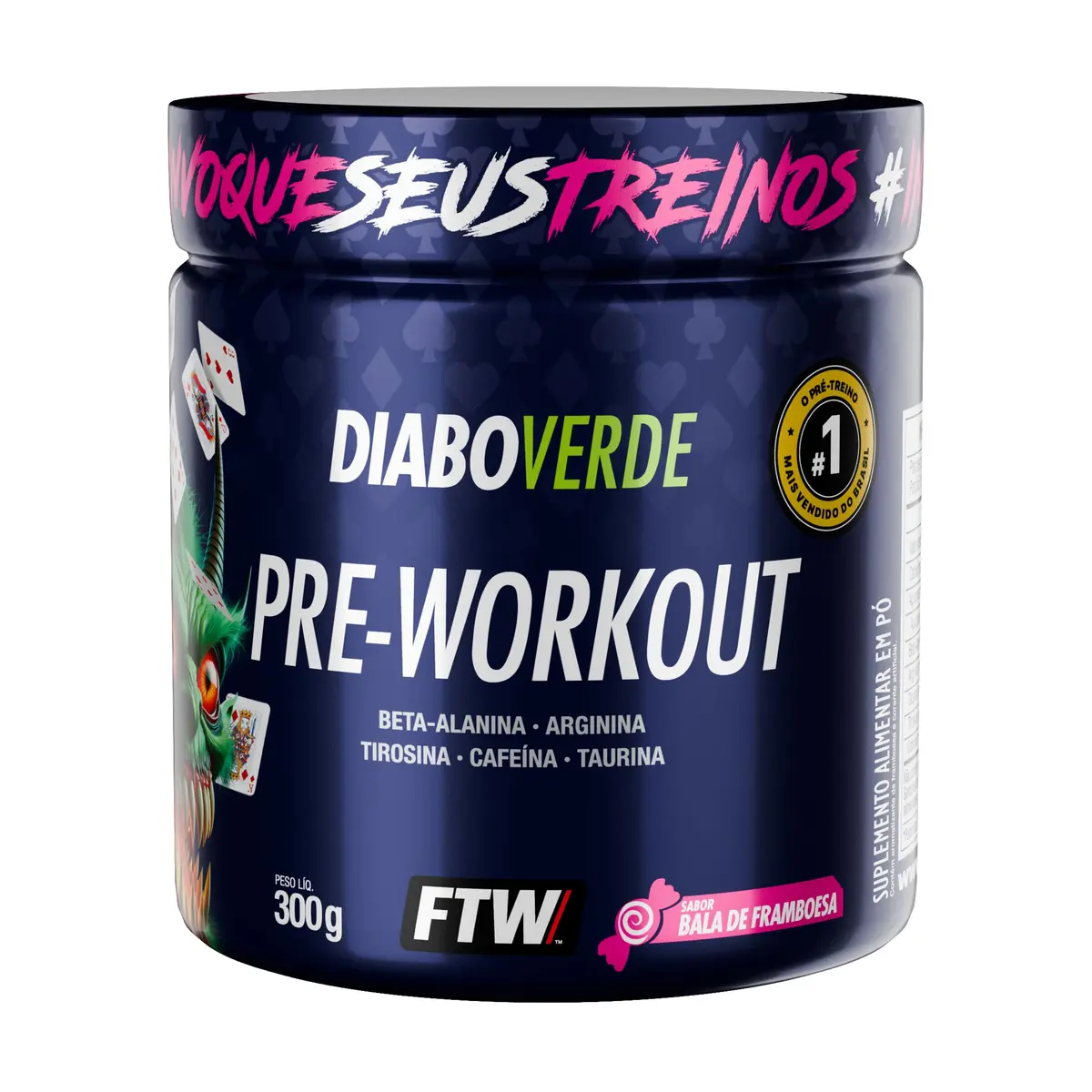 Pré Treino Pre Workout DIABO VERDE Pote 300g Sabor Bala de Framboesa FTW - Suplemento Com Cafeína, Aminoácidos Beta‑Alanina e Arginina para Treinos e Atividades Físicas - 1