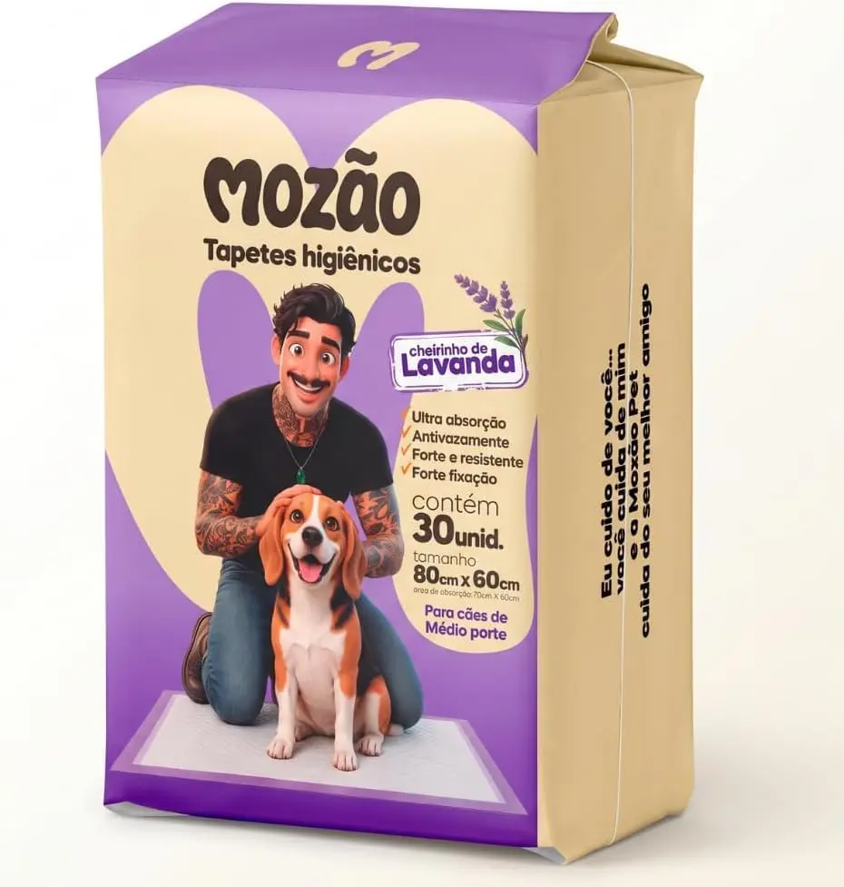 Mozão Tapete Higiênico para Cães 80x60cm, 30 Unidades, Cheirinho de Lavanda, 6 Camadas Ultra Absorventes, Antivazamento e Resistente, para Cachorro de Médio Porte