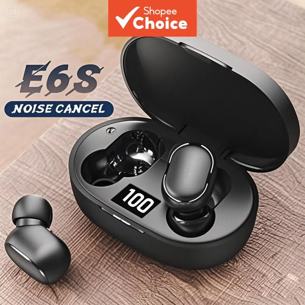 E6S Cor Preta Fones De Ouvido Sem Fio TWS Bluetooth Com Microfone Estéreo Som Cancelamento Ruído LED Display Digital Fon - 1