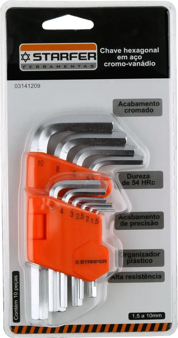 Starfer Jogo de Chaves Hexagonais Cromo Vanádio 1,5 a 10mm com 10 Peças