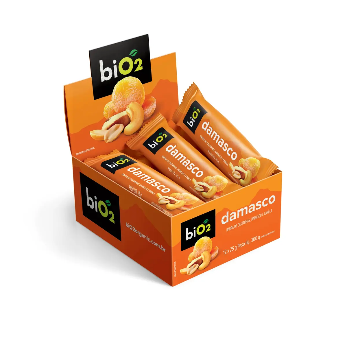 Barra de Castanhas e Frutas biO2 Nuts Damasco, Caixa com 12 unidades de 25 g, Vegana e sem Glúten