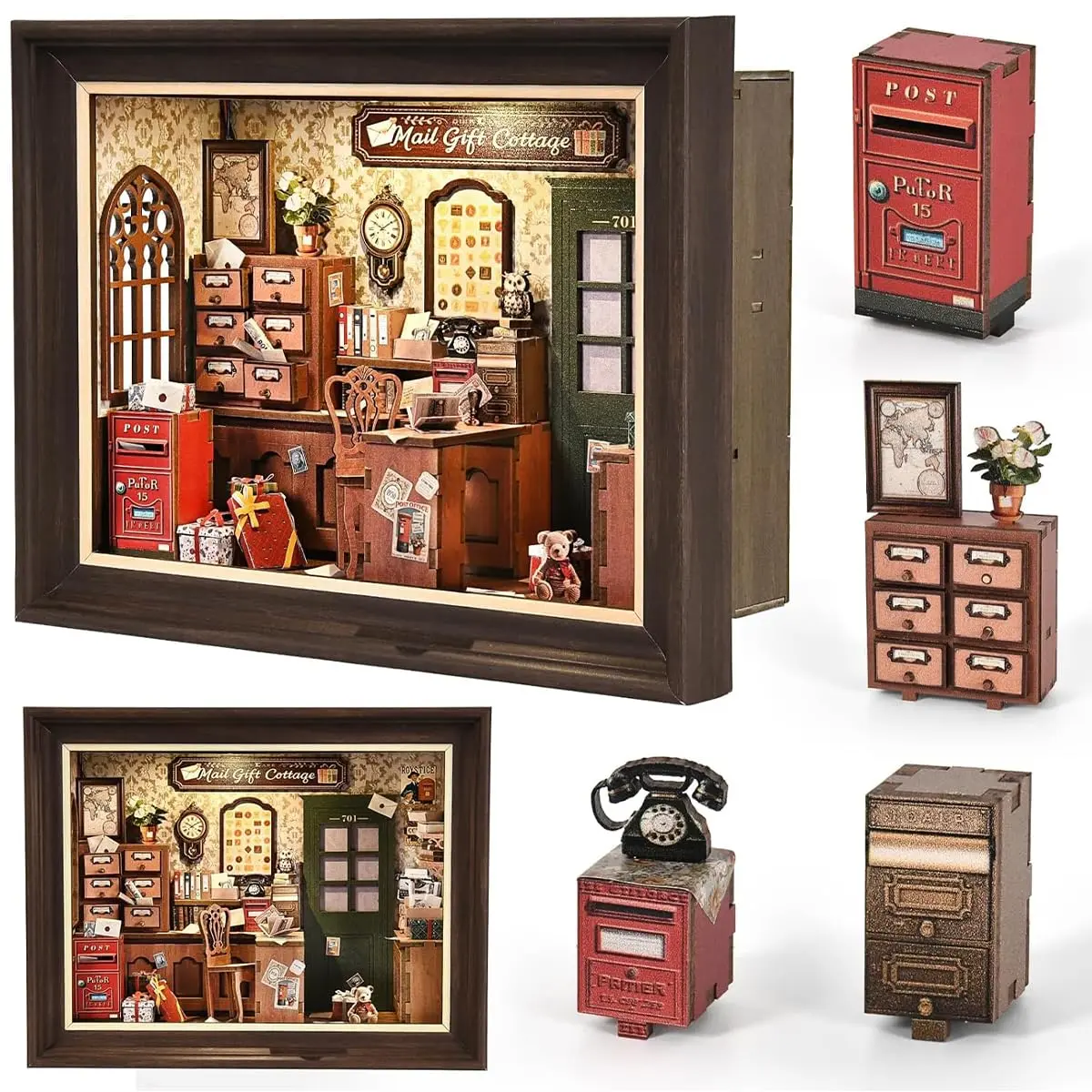 Kit DIY Casa Miniatura Correio Vintage Modelo Decorativo Para Montar | LED