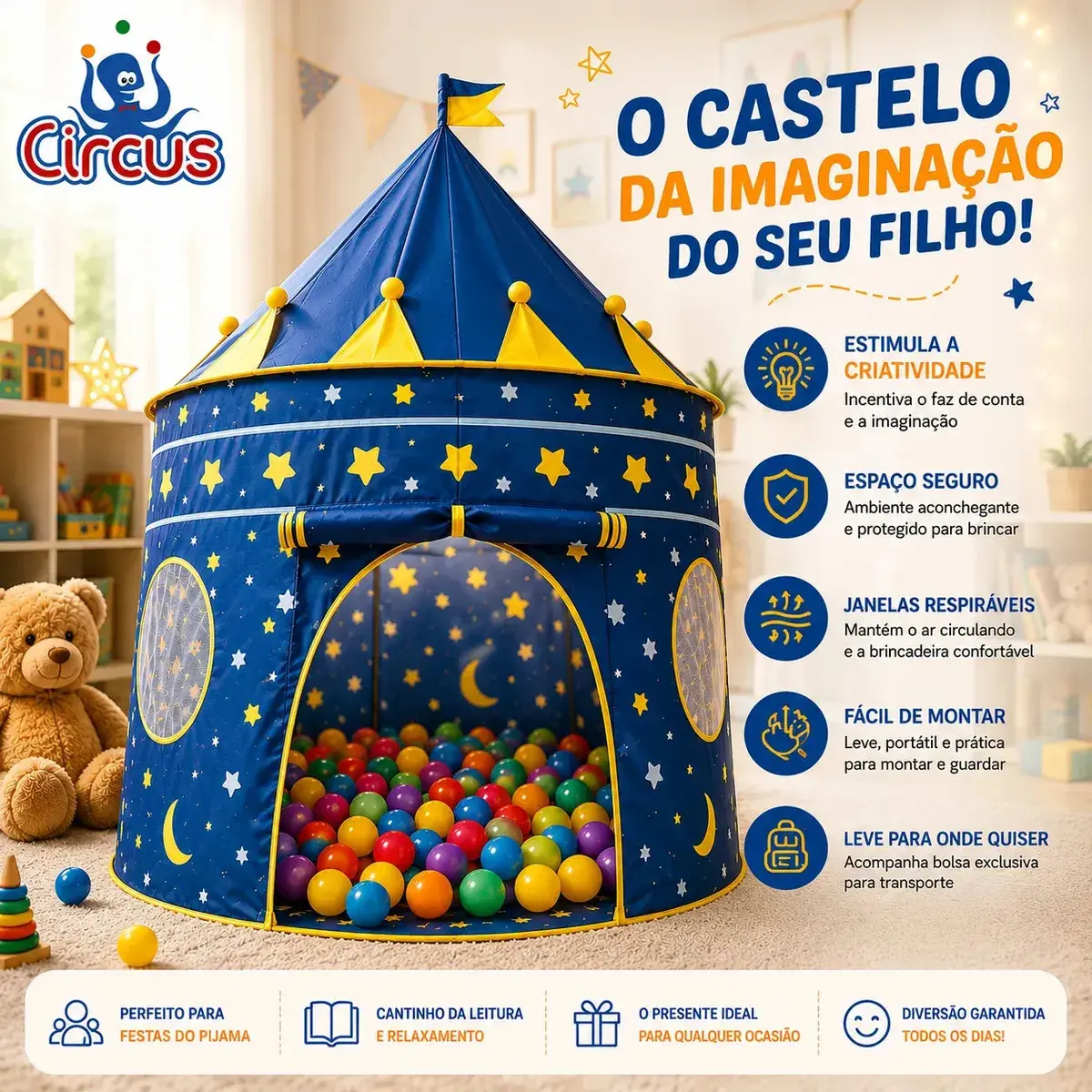 Barraca Infantil Cabana Tenda Festa Do Pijama Menino Criança Bebê Iglu Portátil Circus Azul thumbnail 2