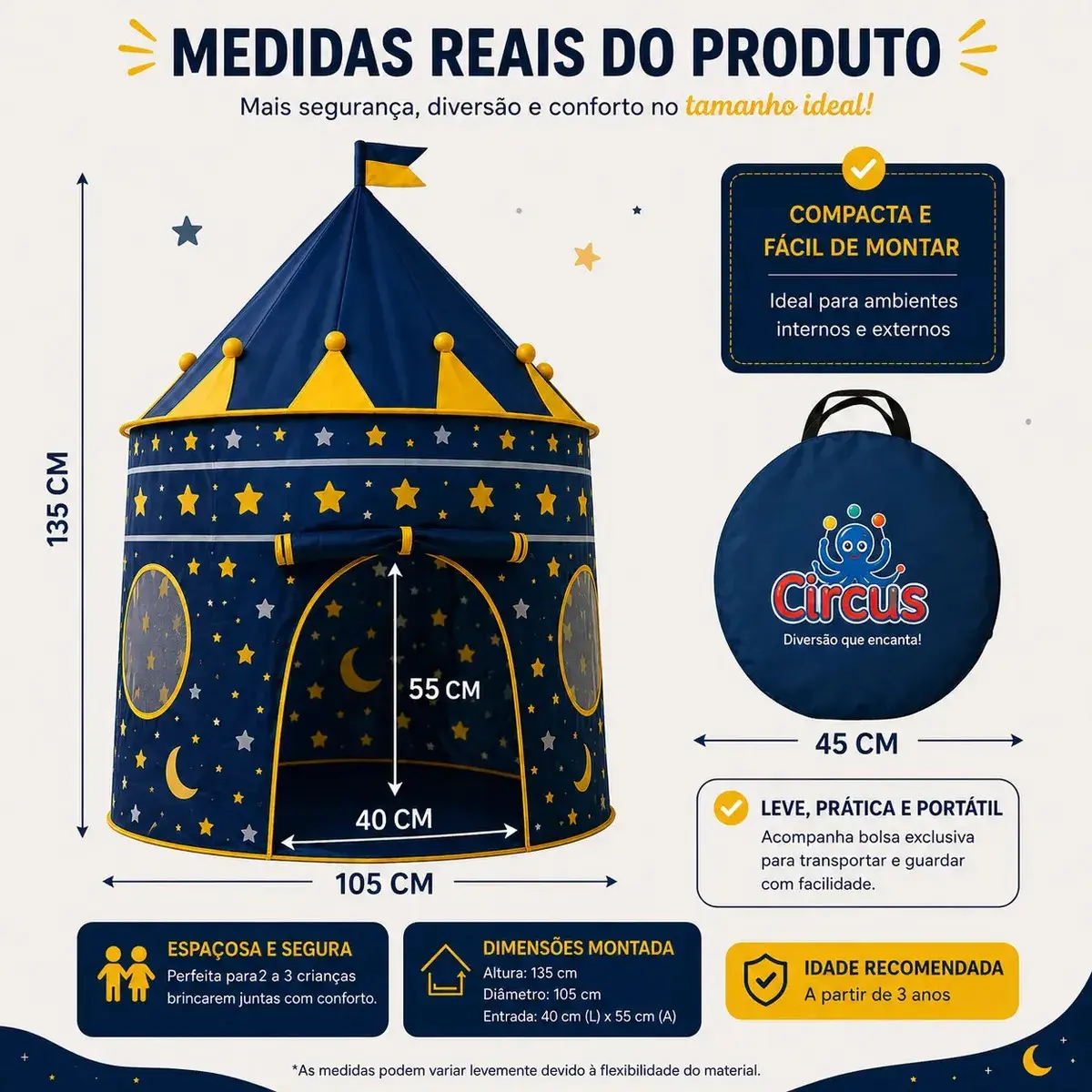 Barraca Infantil Cabana Tenda Festa Do Pijama Menino Criança Bebê Iglu Portátil Circus Azul thumbnail 4