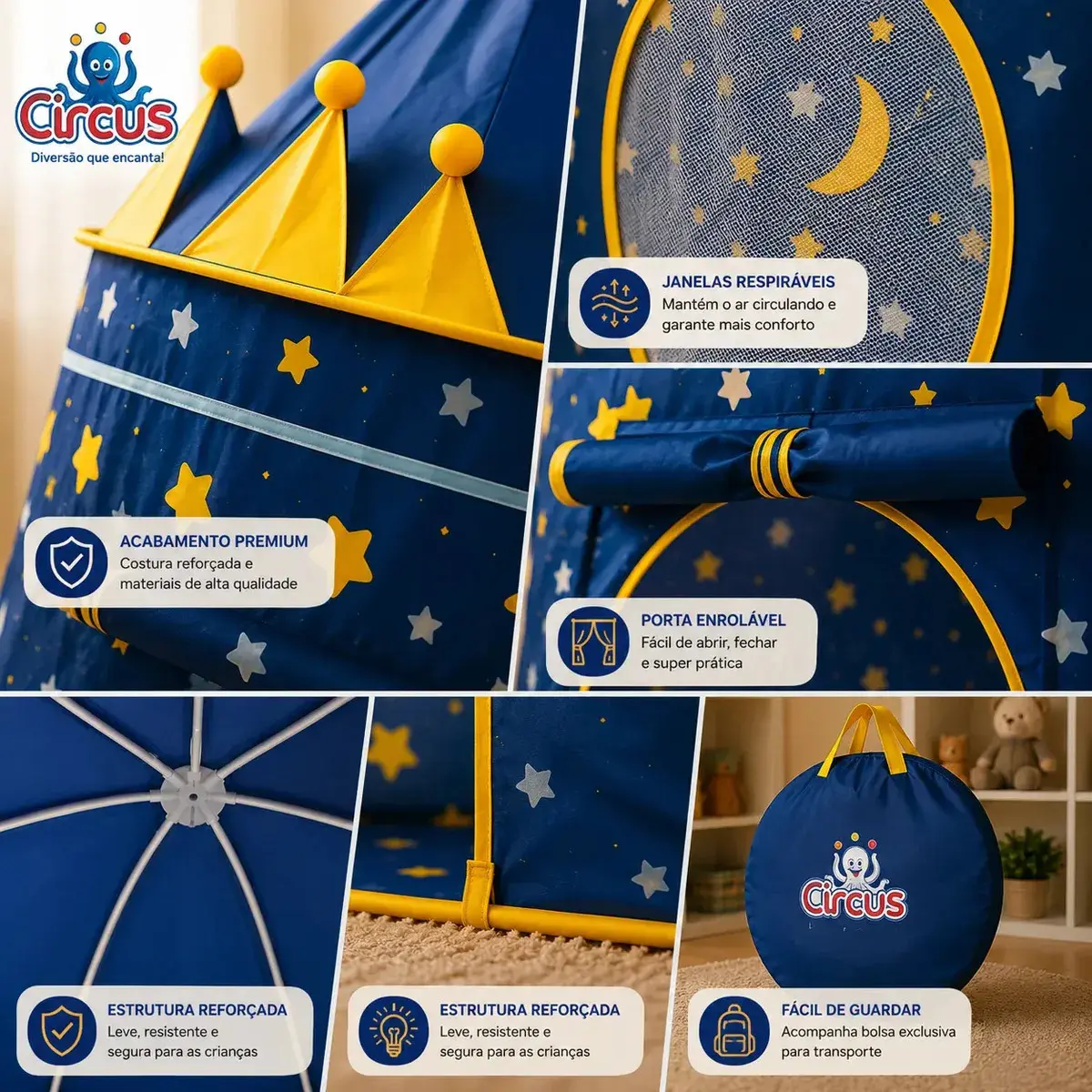 Barraca Infantil Cabana Tenda Festa Do Pijama Menino Criança Bebê Iglu Portátil Circus Azul thumbnail 5
