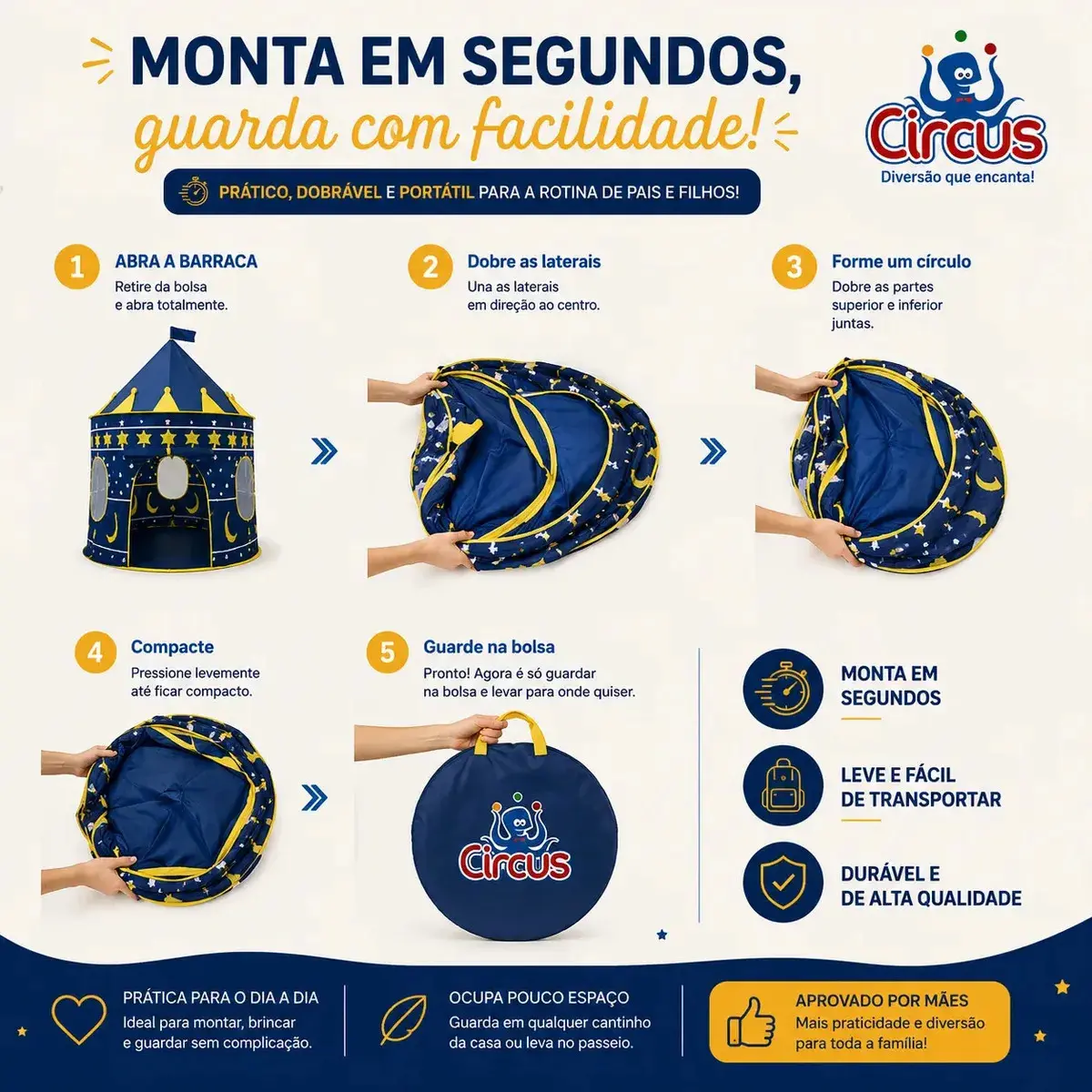 Barraca Infantil Cabana Tenda Festa Do Pijama Menino Criança Bebê Iglu Portátil Circus Azul thumbnail 8