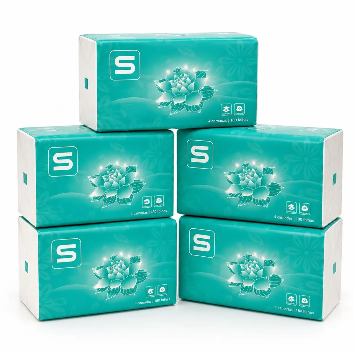 Lenço de Papel Kit 5 Pacotes Médio - 1800 Folhas Tissue Facial | 4 Camadas, Macio, Resistente, Alta Absorção, Uso Diário para Higiene Nariz Rosto Casa Escritório Banheiro Bolsa Mesa