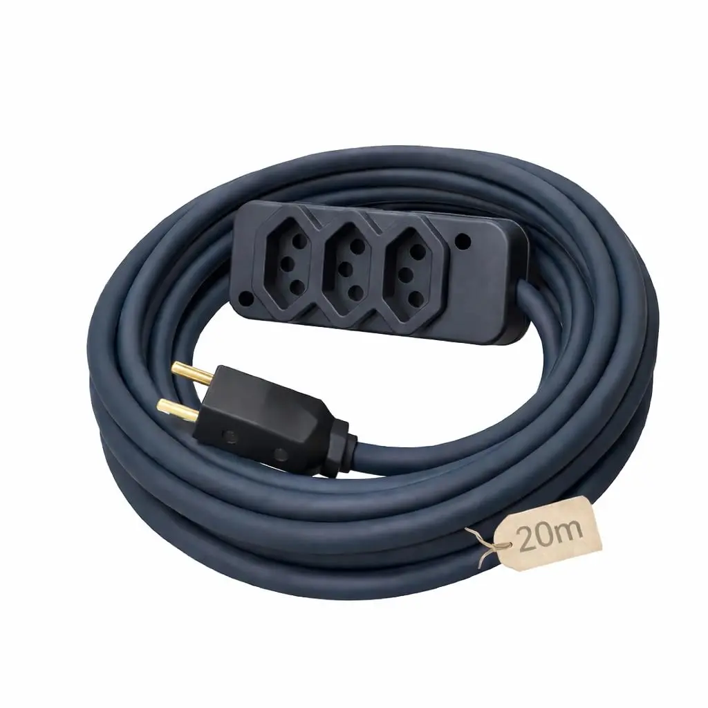 Extensão Elétrica Profissional Reforçada 20 Metros, 3 Tomadas 10A | 20A, Cabo PP 2x2,00mm, Bivolt 250V, Preto, Uso Profissional e Residencial - 20m