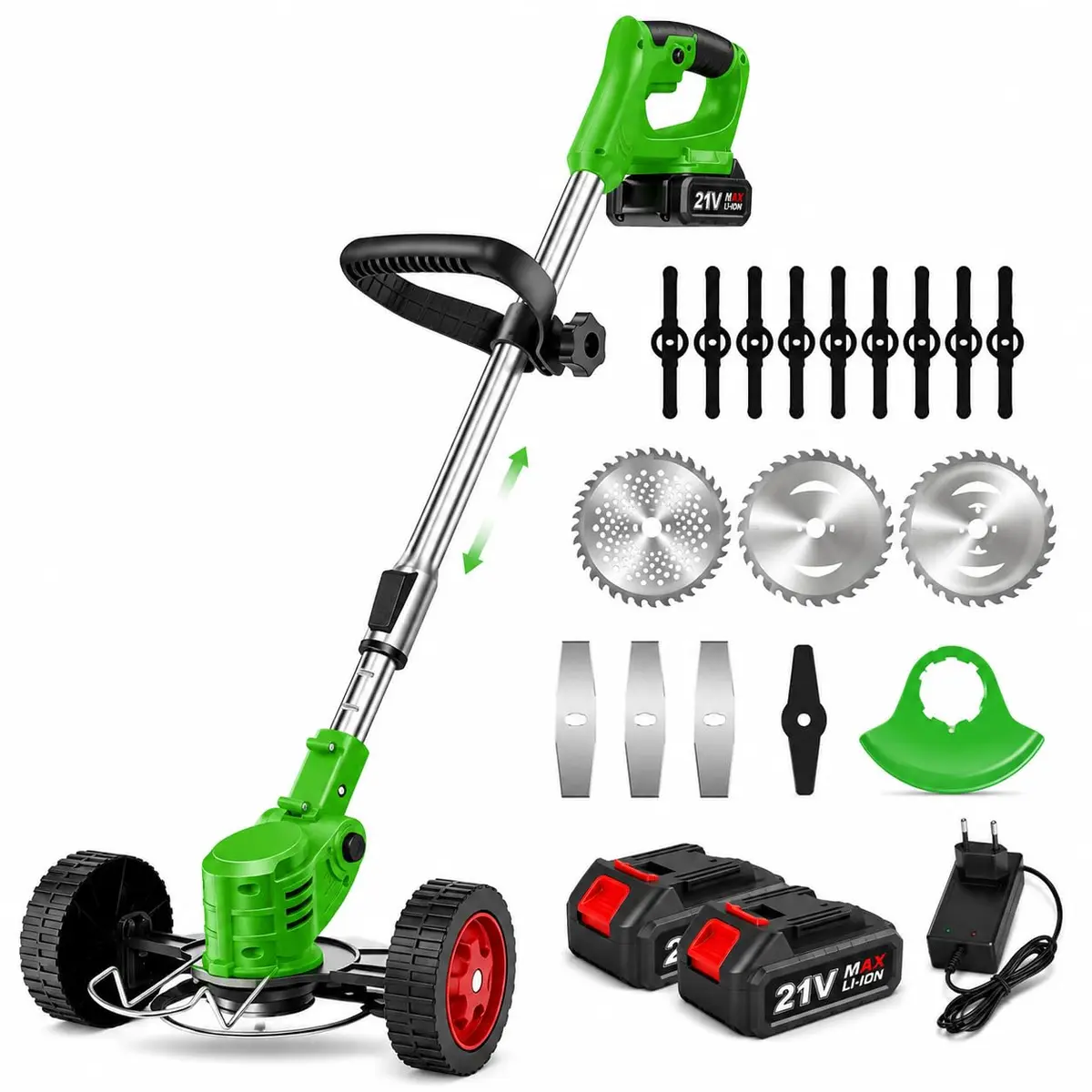 Cortador de Grama Elétrico sem Fio, Aparador de Grama, Rocadeira Elétrica | Maquina de Cortar Grama, Roçadeira a Bateria, Potente com 2 Baterias de 5000mAh,com Rodas, 2 Baterias e 16 Lâminas - 1