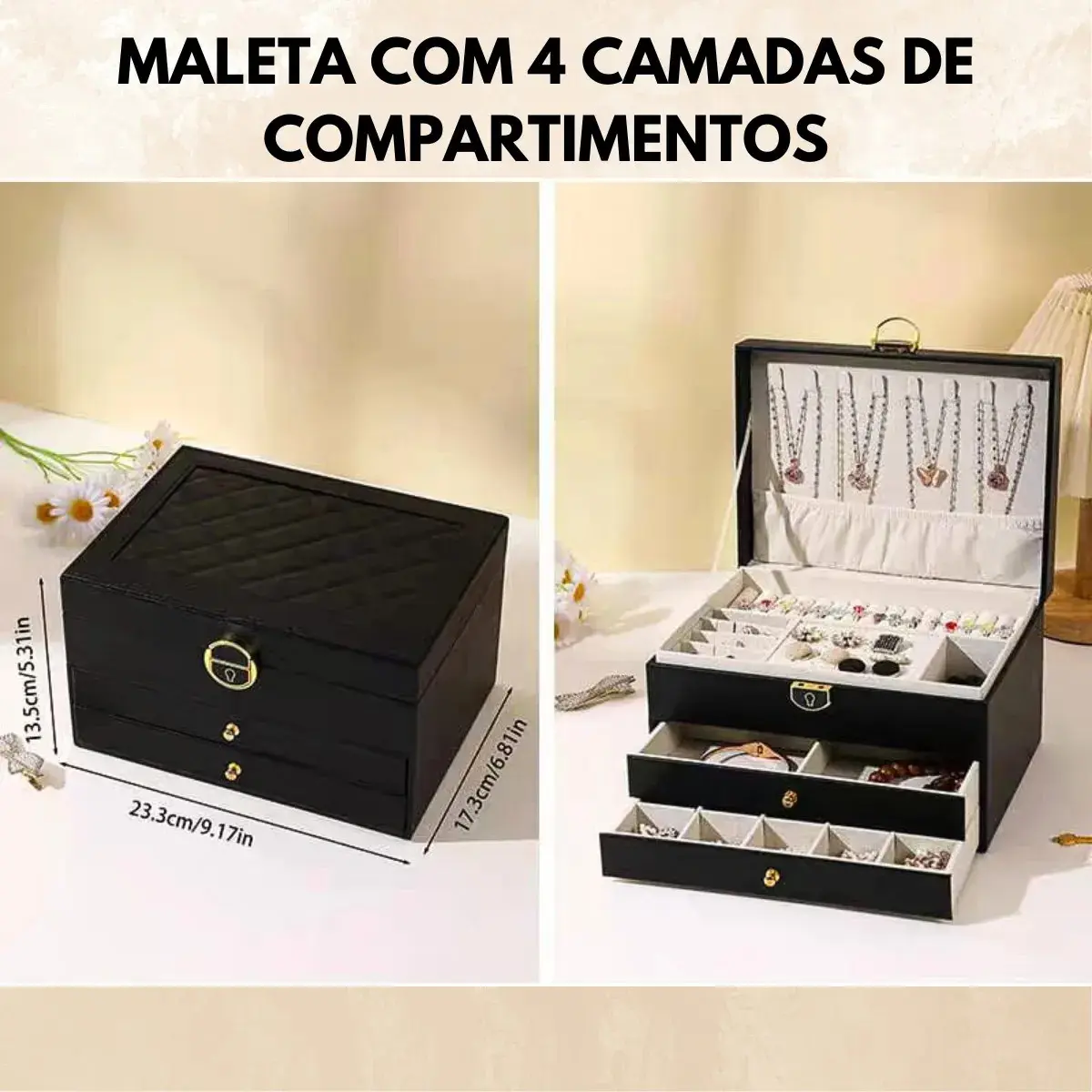 Porta Joias 3 Camadas Couro Caixa De Jóias Feminina Cor Verde thumbnail 2