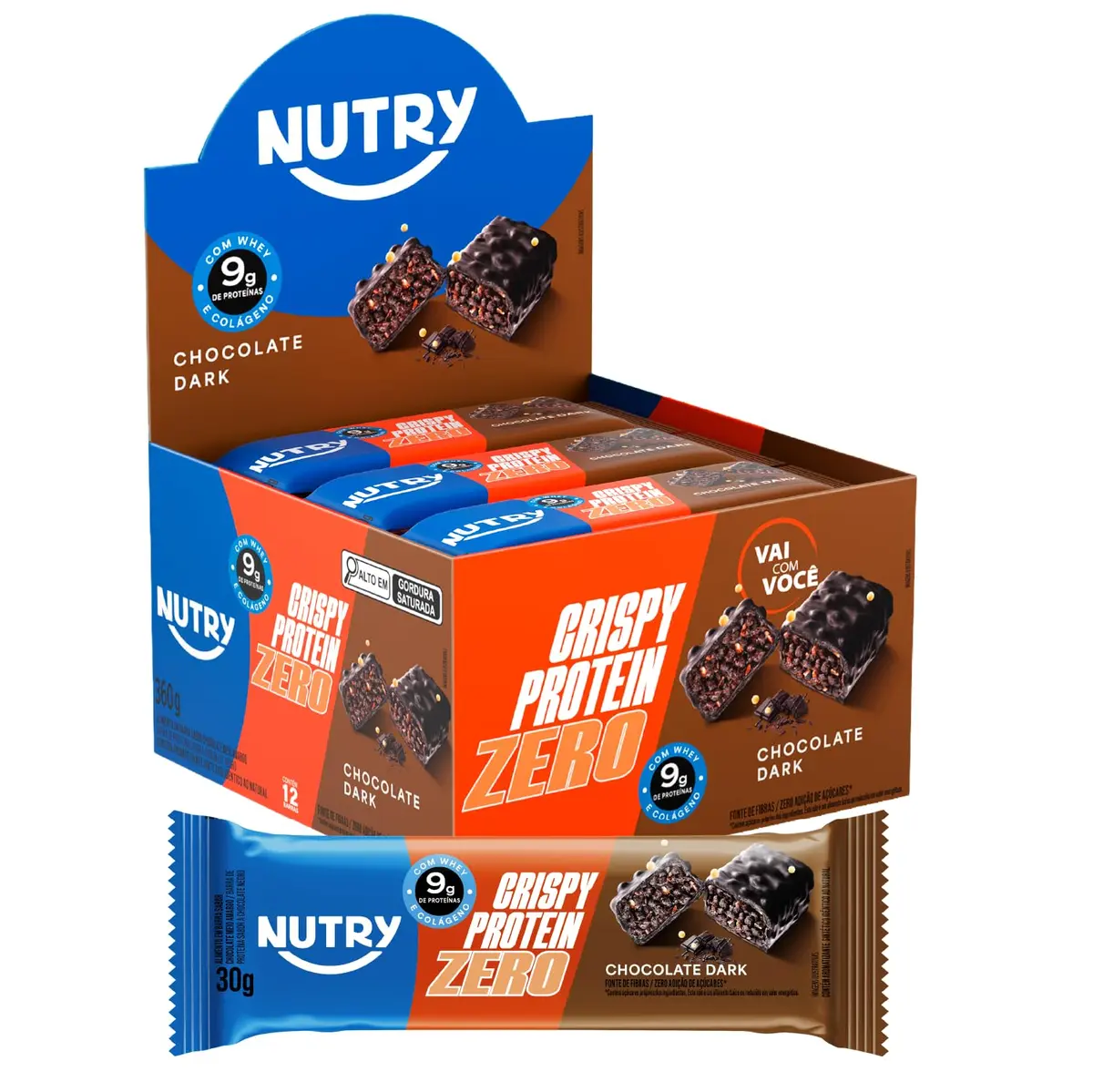 Nutry Barra de Proteínas Crispy Zero Chocolate Dark 30g - Display | Com 12 Unidades, 9g de Proteína, Whey, Cobertura sabor Chocolate Meio Amargo, Colágeno e Zero Adição de Açúcares