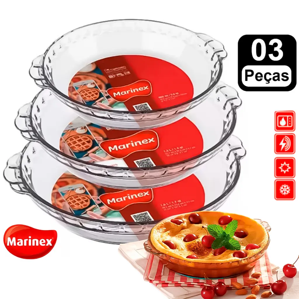 Jogo 3 Assadeiras Vidro Filetada Marinex 0,6L 1,3L 1,6L Conjunto Forma PMG Decorações Bolo Pudim - 1