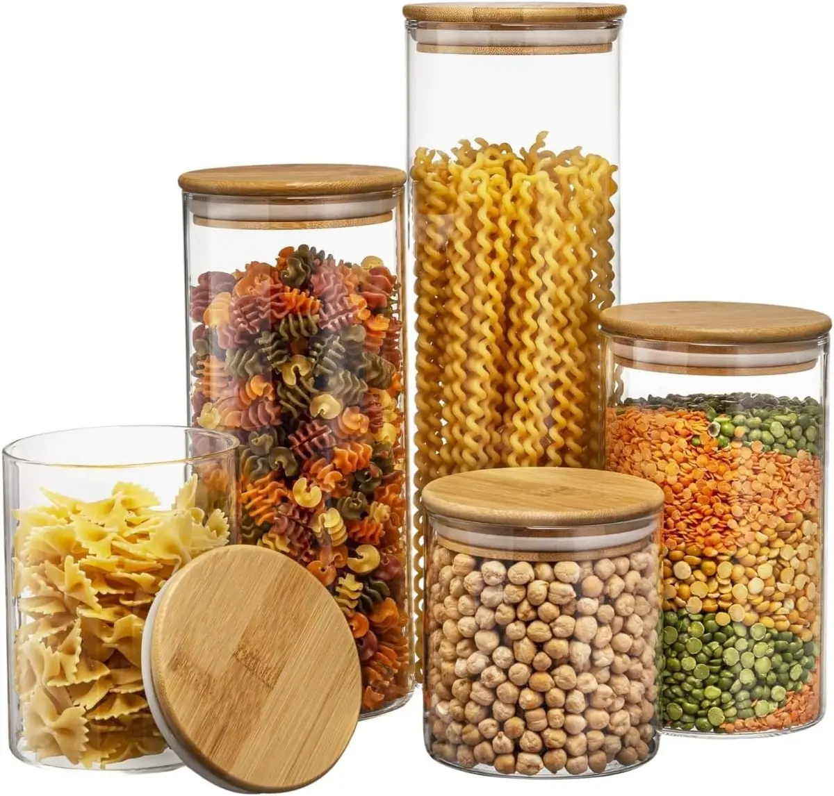 Conjunto 5 Potes Herméticos de Vidro Premium com Tampa de Bambu e Vedação em Silicone – Organizadores Sofisticados Cozinha Dispensa Mantimentos