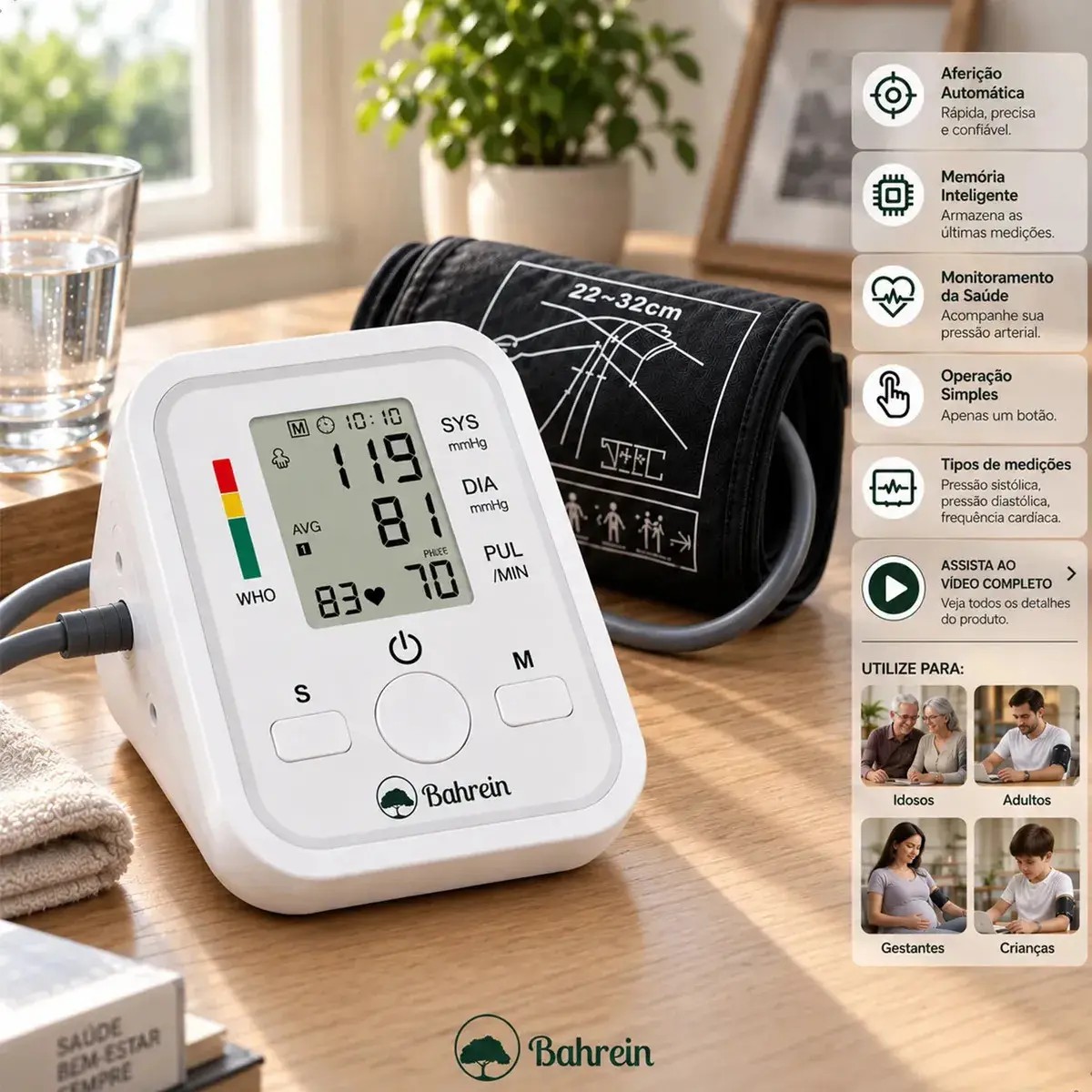 Aparelho de Pressão Digital Medidor de Pressão Arterial de Braço Automático Aparelho de Medir Pressão com Manguito Braçadeira Ajustável Monitor Cardíaco Uso Doméstico Para Adultos ou Crianças Bahrein