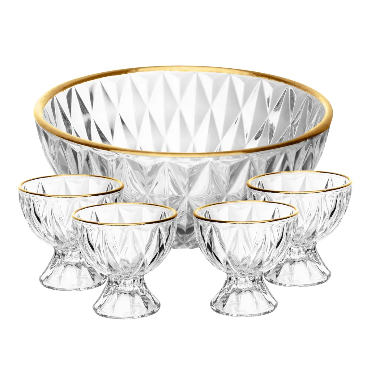 LYOR - Conjunto 5 Peças Bowl e 4 Taças de Sobremesa Diamond com Fio de Ouro 1,1L/120ml Cristal