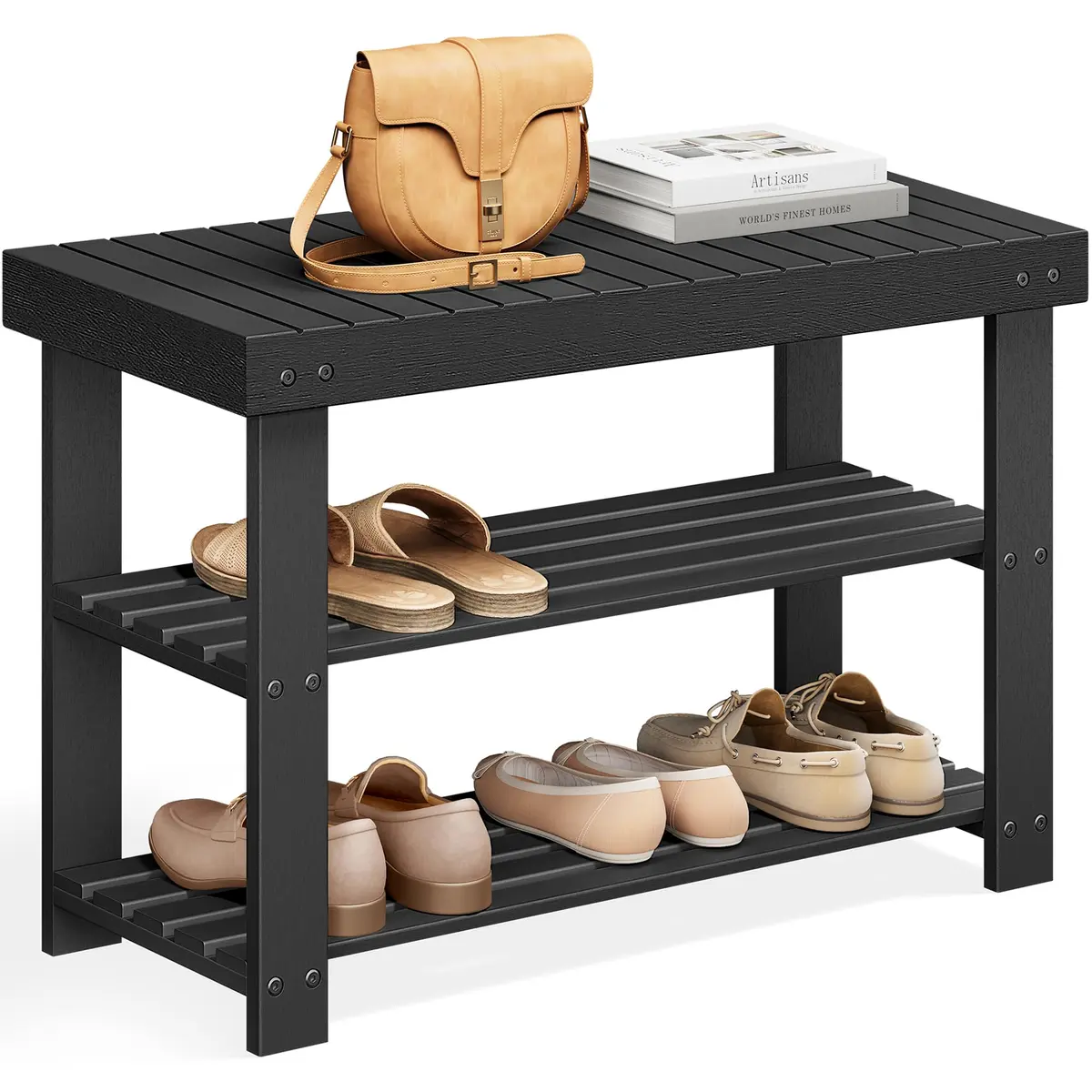 SONGMICS Banco Sapateira Organizador de Sapatos de 3 Níveis em Bambu | Banco para Corredor, Suporta até 130 kg, 28,7 x 70,1 x 45,3 cm, BRLBS04H