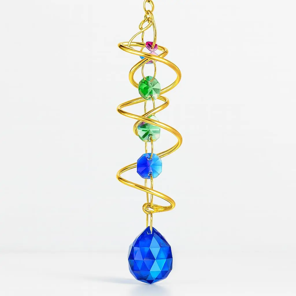 Apanhador de Sol em K9 com detalhes Azuis | Cristal com Cauda Espiral Dourada, para Janelas Internas/Externas